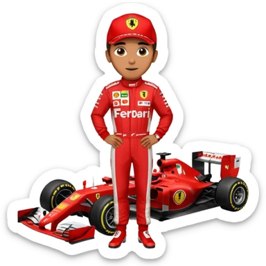 lewis hamilton en combinaison rouge ferrari devant sa f1 sticker