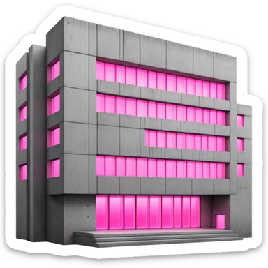 Brutalist concrete building with pink glowing window, minimalist style sticker