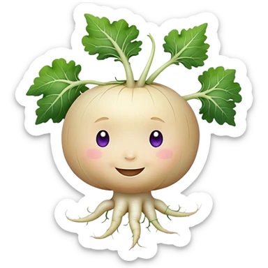 white turnip with slight purple shading with cute smiling baby-like face and leafy stalk and cute spindly roots from the bottom sticker