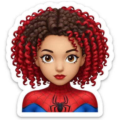Lightskin girl with curly hair, eyebrow piercing in left side, wearing a spider man costume sticker