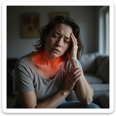 hyperrealistic 4K quality image of a woman sitting with a pained expression, one hand on forehead and the other on neck, highlighted and reddened neck and shoulder muscles, realistic details, domestic environment sticker