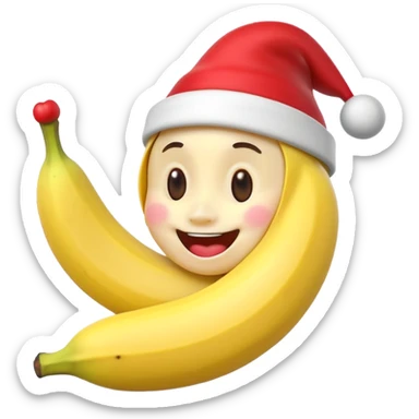 A 3D cartoon peeled banana with a red nose and tiny hat, smiling face, playful pose, Memoji-style. sticker