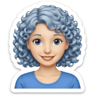 silver, short, wavy-haired with curls, smiling pretty lady, blue top,

 sticker