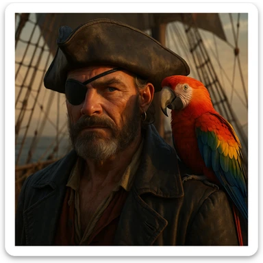 3d art of a pirate with eye patch and parrot in sticker