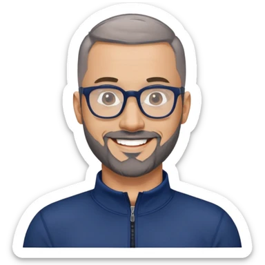 40-year-old light-skinned man with almost buzzcut haircut, short gray beard, large black-framed glasses, smiling face, wearing a navy blue zip-neck long sleeve athletic shirt sticker