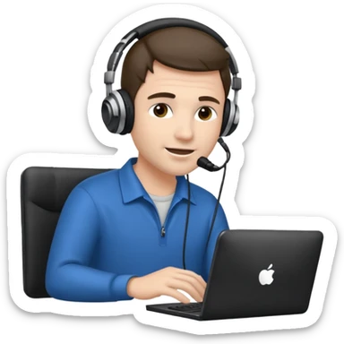 Man with headphones and microphone with computer. Operator sticker