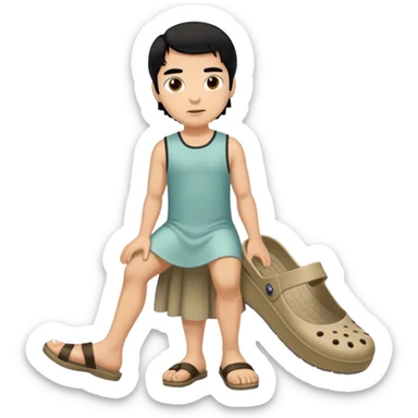 Man with black hair brown eyes. Wearin a dress and siren crocs sticker