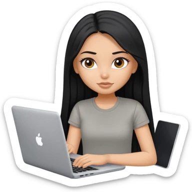 a pretty tan bratz girl with black long straight hair, wearing a grey tshirt using her laptop  sticker