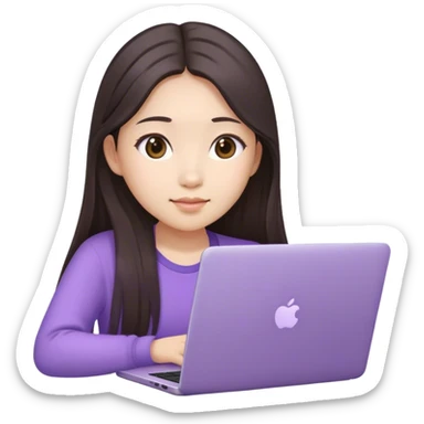Long hair brunette Asian girl working on lavender laptop sticker