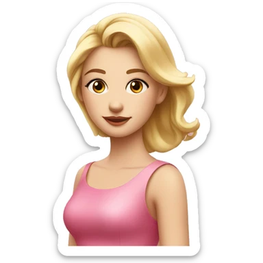young blonde woman in a pink dress with DIA M written by Manuella Cosméticos sticker