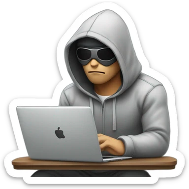 Man wearing a hoodie eye patch looking evil and typing on laptop sticker