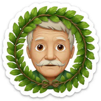 an old man wearing a large leaf wreath sticker