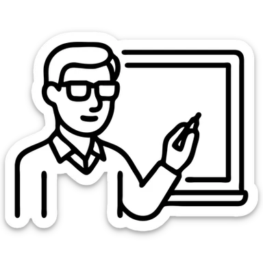 male teacher writing on a white board, glasses, neat hair, educational environment, icon style sticker
