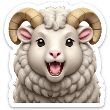 Cinematic Cute Yawning Ram Portrait Emoji, Head tilted slightly with a dramatic, wide-open yawn, showcasing a soft, woolly grey fur with gently drooping horns and ears, round dark eyes barely open in drowsy contentment, Simplified yet irresistibly adorable features, highly detailed, glowing with a soft, cozy glow, high shine, relaxed yet expressive, stylized with a touch of rugged whimsy, bright and endearing, soft glowing outline, capturing the essence of a sleepy yet affectionate ram, so drowsy it feels like it could stretch out of the screen and curl up for a nap! sticker