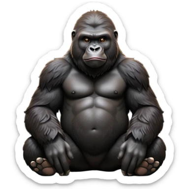cinematic-gorilla-realistic-full-body-sitting-emoji,-exuding-strength,-thick-dark-fur-in-the-light,-head-tilted-dramatically,-deep-dark-eyes-filled-with-intense-intelligence,-simplified-yet-realistic-focused-features,-highly-detailed,-glowing-with-an-almost-sarcastic-glow sticker