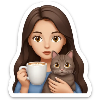 Сделай красивую девушку брюнетку с длинными волосами, немного смугловатой, загорелой кожей, с янтарными глазами миндальной формы, немного пухлыми губами цвета капучино, аккуратными красивыми бровями, чтобы девушка  держала серого кота в руках sticker