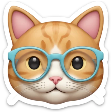 A cute cat emoji wearing geek-chic glasses, minimal design, simple shapes, soft pastel colors, clean vector style, centered composition, emoji style, smooth lines, subtle shadow, high resolution, transparent background, PNG format, no background sticker