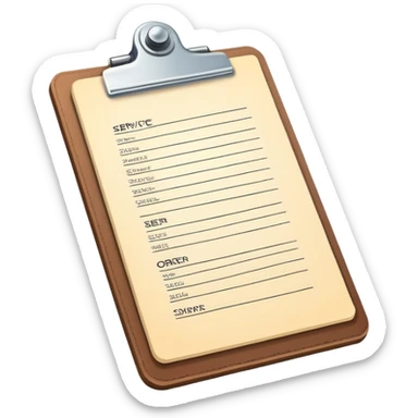 clipboard holding a simplified service order paper with faint lines, with a small gear symbol, clean vector art, bright colors, isolated sticker