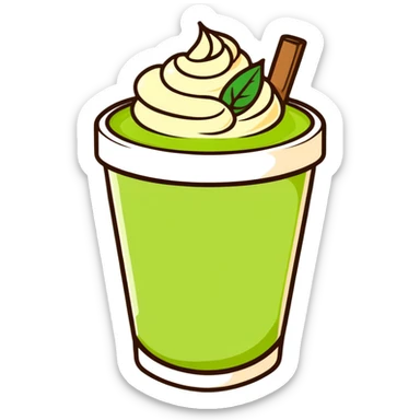 matcha latte in warm olive-brown tones with leaf detail, soft dreamy illustration sticker