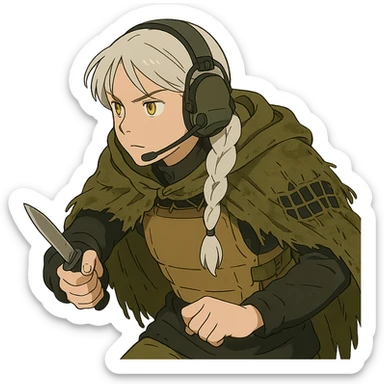 1 female, mid 20's, white hair in a long braid, gold yellow eyes, adorned in a black long sleeve shirt, tan body armor and a worn olive-green cloak with netting holding it together. She wears a COMTAC headset. she is hunched slightly, stealthily, focused on her target, holding a small combat blade at the ready sticker