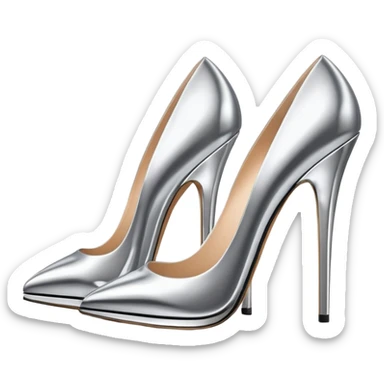 A pair of high heel shoes emoji made of polished silver chrome, elegant sharp silhouette, smooth metallic surface, glossy reflections, luxury sexy vibe, minimalistic iOS emoji style, centered, clean white background sticker