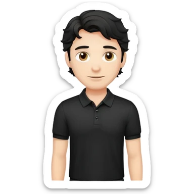 Caucasian male with wavy black hair in a comfortable black polo shirt with collar sticker