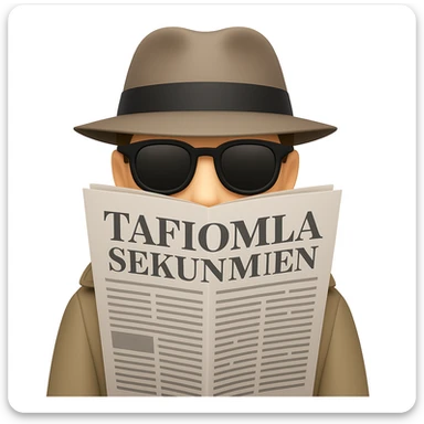 Hide the spy's face completely behind the newspaper, showing only his black sunglasses above the paper. Keep the fedora, gray trench coat, and playful emoji style. sticker