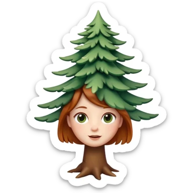 Style memoji iphone. Un petit sapin vert sylvestre, féminin, regard malicieux, tâches de rousseurs délicates, joues roses. Yeux de biche brillants en forme amande, yeux couleur ambre, tronc couleur acajou. Sapin en mouvement, incurvé pour un effet vivant. sticker
