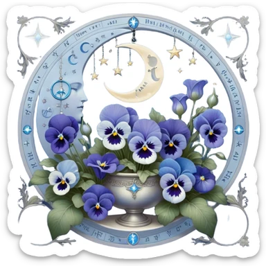 A dreamlike composition where deep and light blue pansies bloom in harmony, forming a celestial garden bathed in moonlight. A silver crescent moon dominates the sky, adorned with astrological sigils that softly pulse with energy. Suspended in the background are glowing planetary alignments, connected by delicate silver threads forming an intricate star chart. A round, pearl-colored candle, resting on an open book of cosmic wisdom, flickers with an otherworldly flame, casting symbols of the zodiac in its soft glow. Wisps of blue mist swirl around, revealing glimpses of lunar eclipses and distant galaxies, creating a scene filled with mysticism and cosmic wonder. sticker