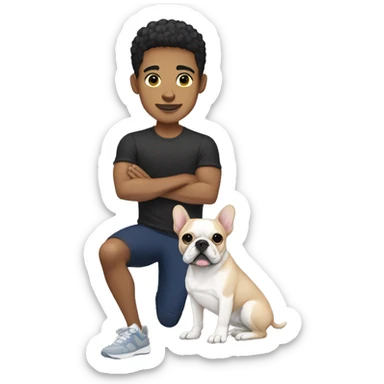 light skin athletic male with short black hair holding a french bulldog sticker