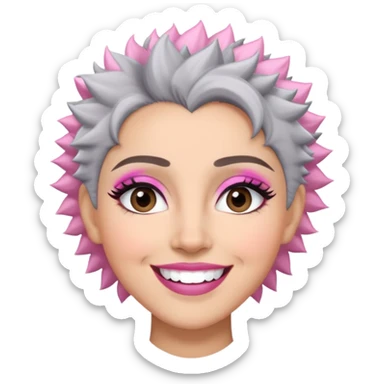 Close-up of Marian Pabón with defined facial structure, light skin with pink undertones, almond eyes with makeup, arched eyebrows, charismatic wide smile, and short spiky gray hair sticker