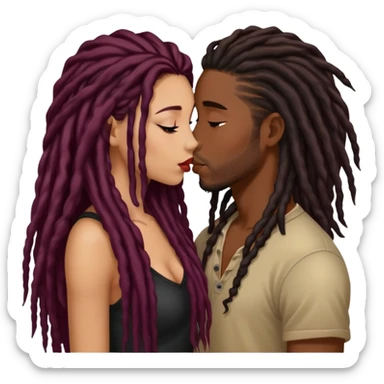 Dark Wine colored hair Latina long hair, kissing young black guy with dreads sticker