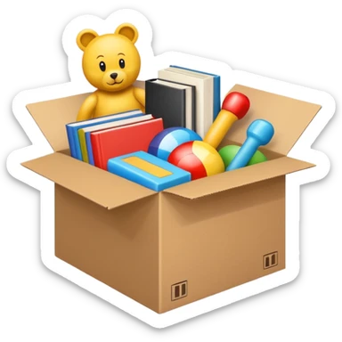 cardboard box with toys, rc, books, CD, realistic sticker