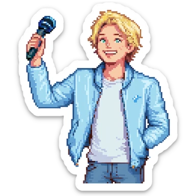 Pixel art style, expressive male performer, Caucasian features, short sandy blonde hair, lively eyes, wide cheerful smile, wearing a sky blue jacket over white tee, tossing a microphone in one hand, waist-up, front-facing sticker