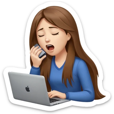 brown hair woman with long straighrt hair holding laptop and yawning from tiredness. looking tired sticker
