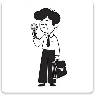 schoolboy holding a briefcase, examining something with a magnifying glass, black doodle style sticker