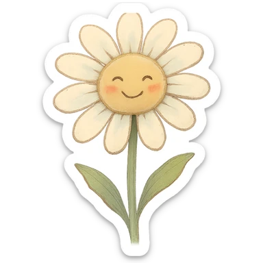 a single white daisy flower, Japanese hand-drawn soft pastel, full object, transparent background, with blushing cheeks sticker