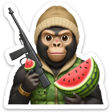 Gorilla with a ski mask holding a watermelon and gun sticker