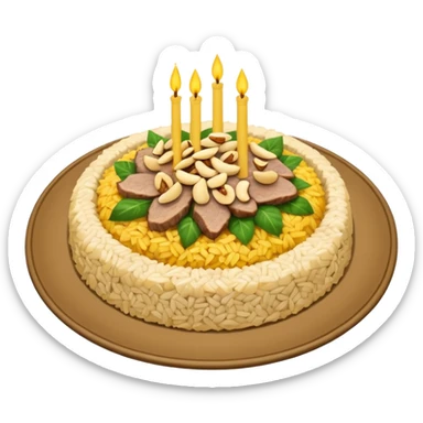 "Emoji of a Jordanian Mansaf dish — round platter with golden rice, lamb pieces, nuts on top, simple cute cartoon style, clean lines, white or transparent background." sticker