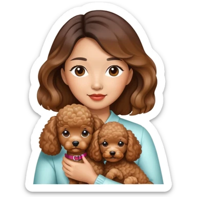 a asian lady with balayage hair holding a brown poodle sticker