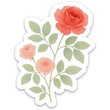 very detailed rose bush with lush green leaves, multiple blooming roses in red and pink, soft gradients, realistic botanical details, watercolor art style sticker