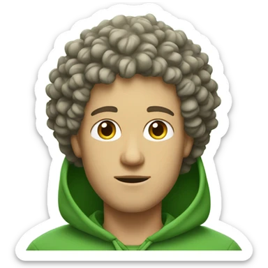 White guy with curly hair in green hoodie with leafs on his head sticker
