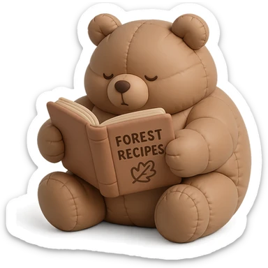 chubby bear reading a forest recipe book, muted warm tones, cushion style sticker