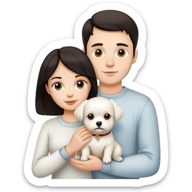 white male and female couple with dark hair holding white little dog  sticker
