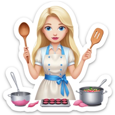 Cinematic realistic beautiful blonde with long hair, blue eyes and pink lips in a white dress cooks sticker