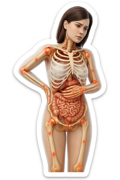 donna realistica a figura intera con red spot sparsi alle ossa, ossa del corpo visibili sul corpo, non sul volto iperrealistico 4k sticker