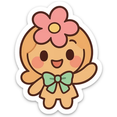 blossom cookie character, chibi style, pastel colors, smiling sticker