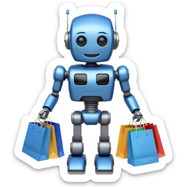 black friday robot with blue and metalic colours with bags in his hands smiling sticker