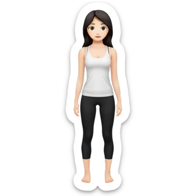 Девушка белокожая на боковой дорожке, с длинными темными волосами, в одежде для йоги - черные лосины, белый топ на тонких лямках, sticker