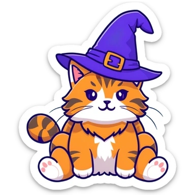 full body Maine coon ginger tabby cat flopped over on her back wearing an indigo witch hat sticker
